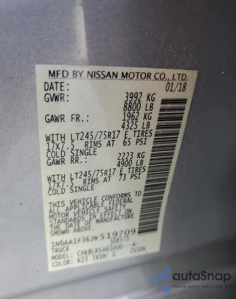 2018 Nissan Titan Xd S z USA, uszkodzony, nr VIN 1N6AA1F36JN519709